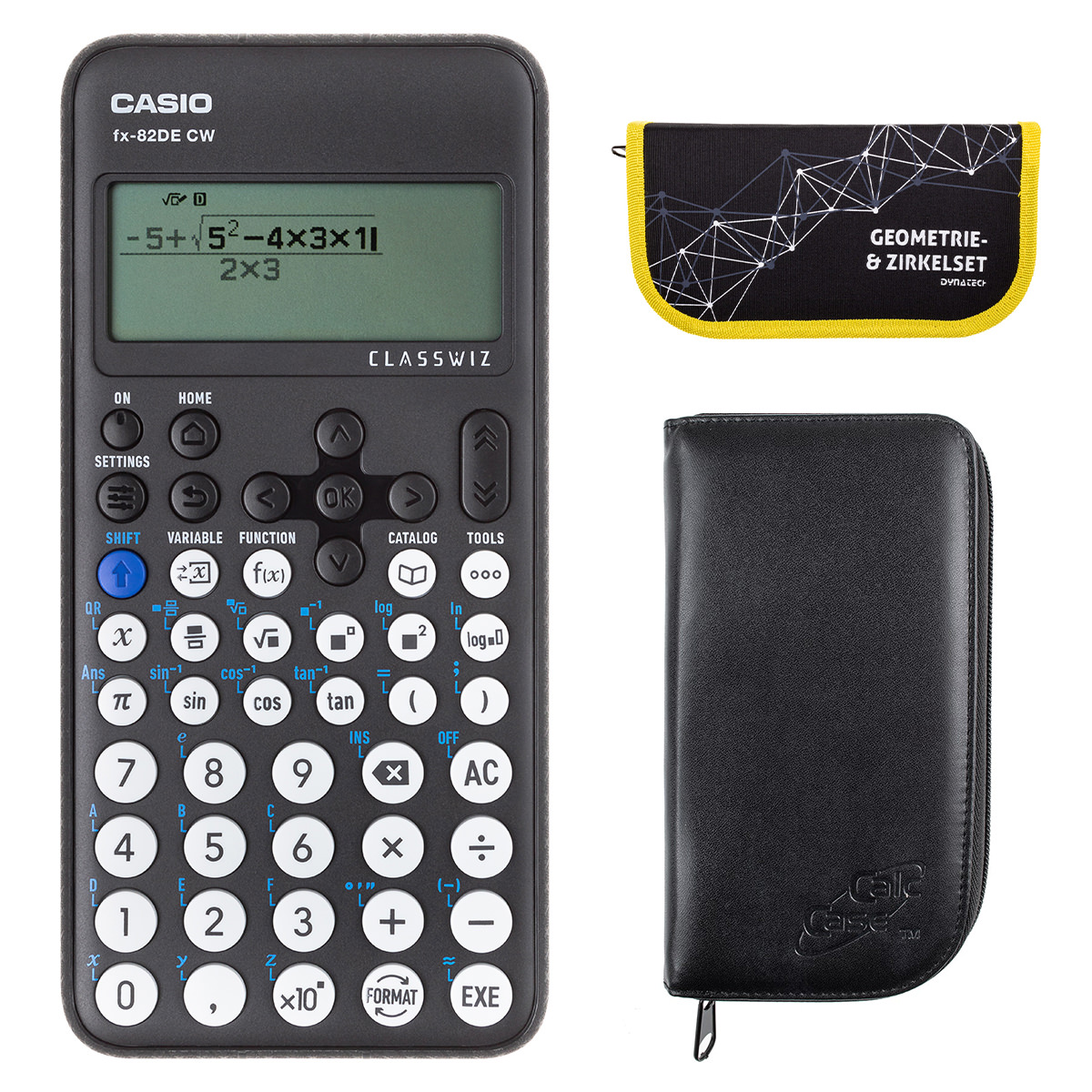 Casio FX-82 DE CW mit schwarzer Tasche, und Zirkelset gelb