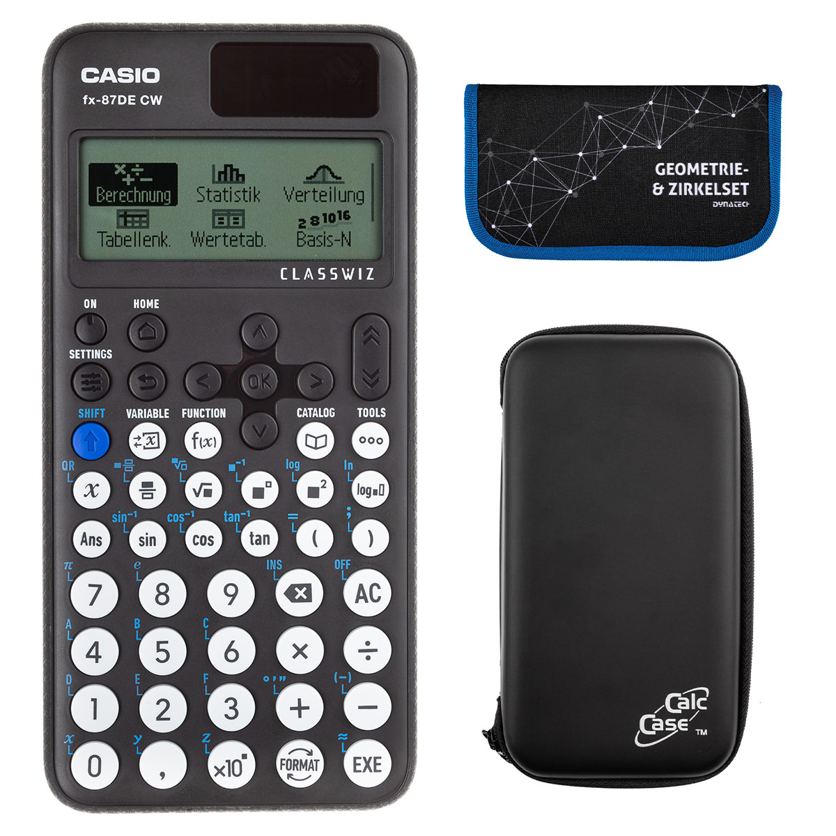 Casio FX-87 DE CW mit CalcCase-Schutztasche und Zirkelset blau