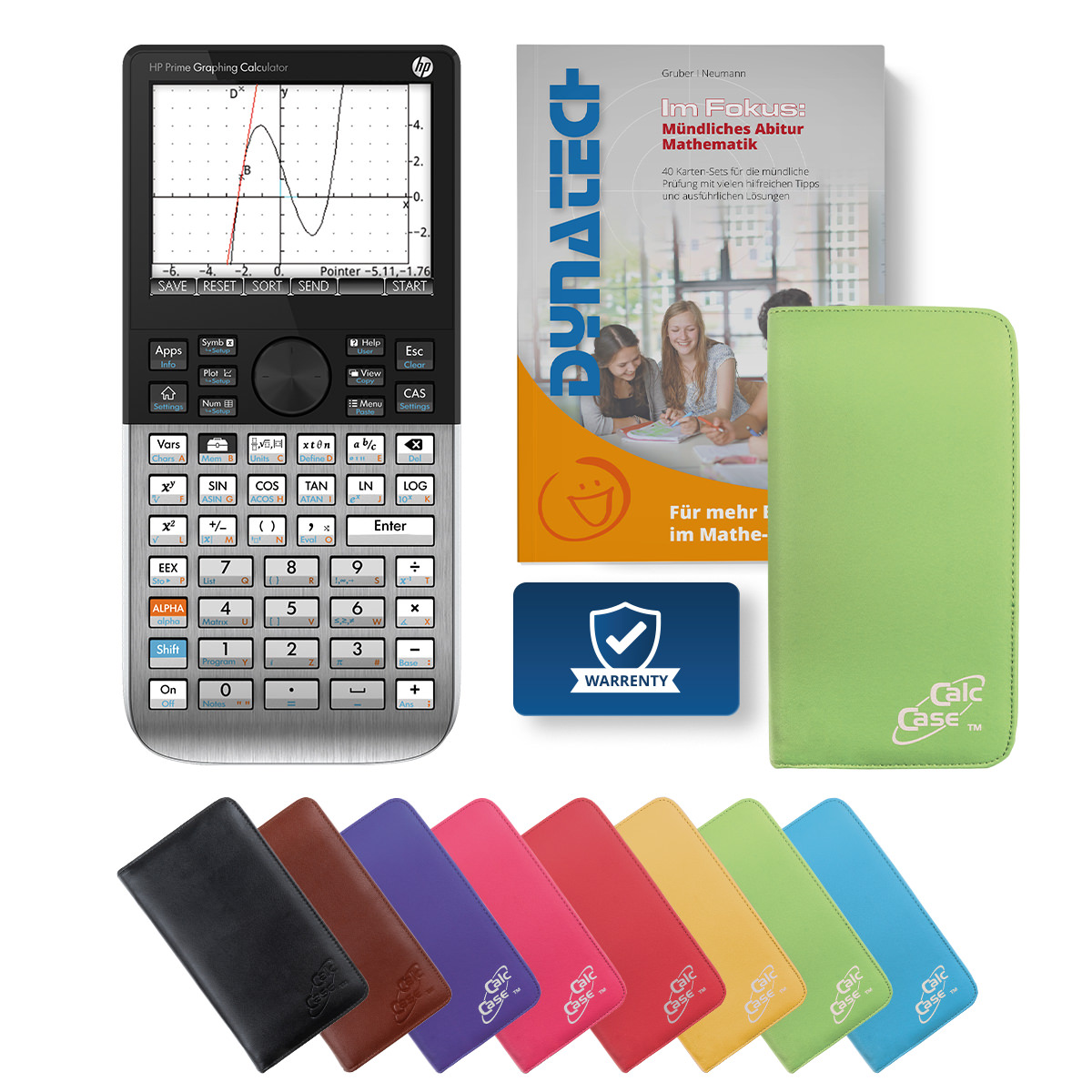 HP-Prime CAS Grafikrechner mit Schutztasche grün & Fachbuch 