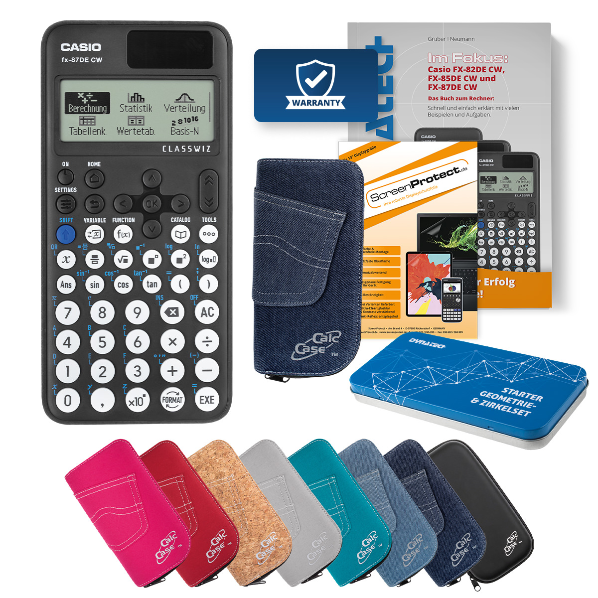 Casio FX-87 DE CW Rechner mit Tasche dunkelblau, Schutzfolie, Buch & Zirkel Set 