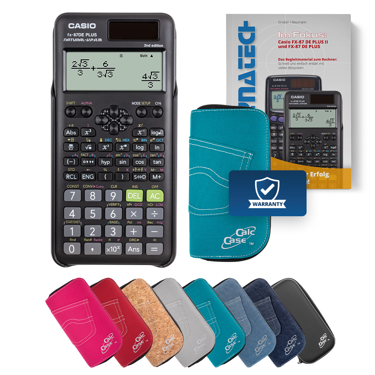 Casio FX-87 DE Plus II Schulrechner mit Schutztasche türkis und Fachbuch 