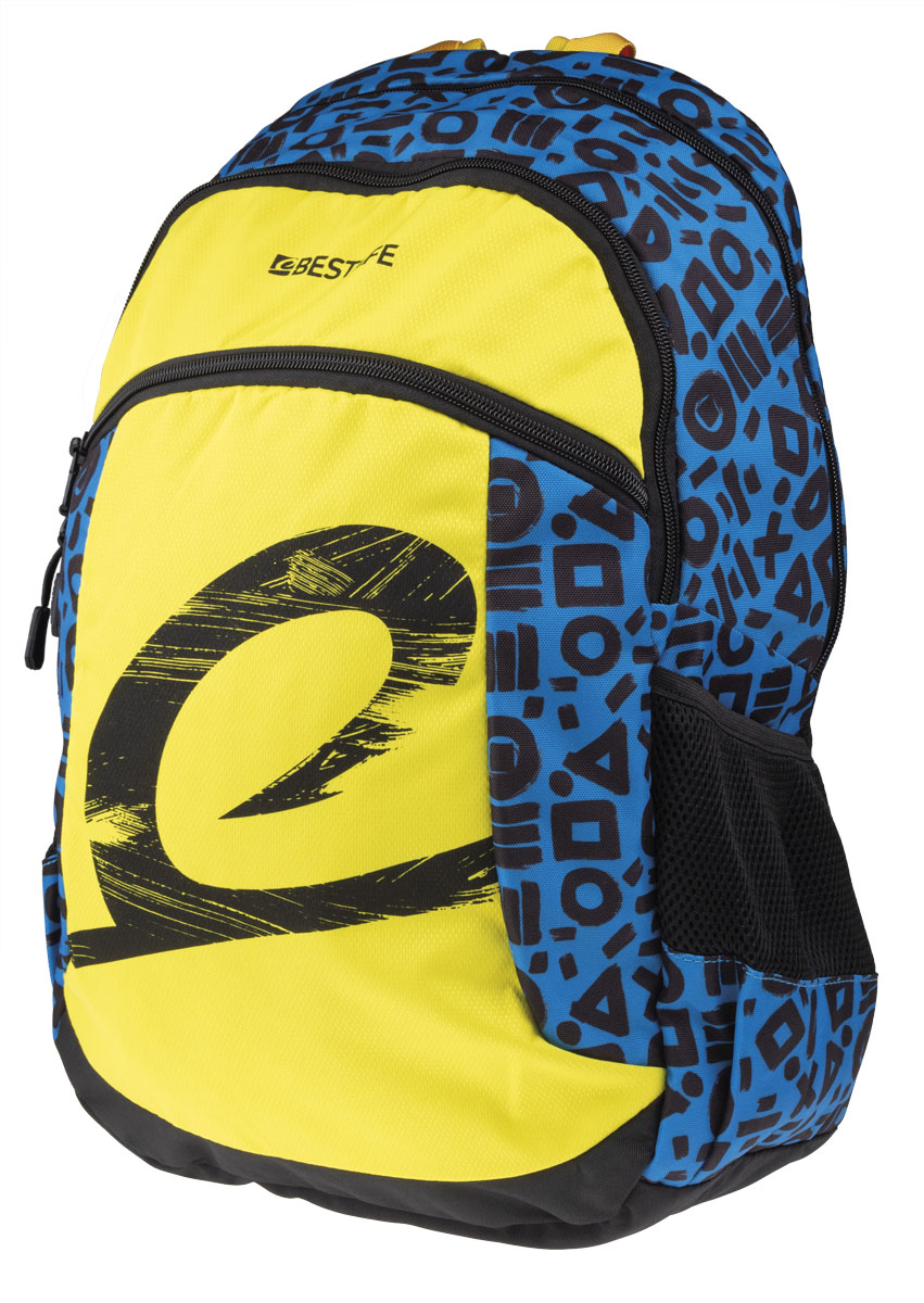 BestLife Schulrucksack für Laptop und Tablet bis 15,6 Zoll, Smartphonefach gelb/blau/schwarz