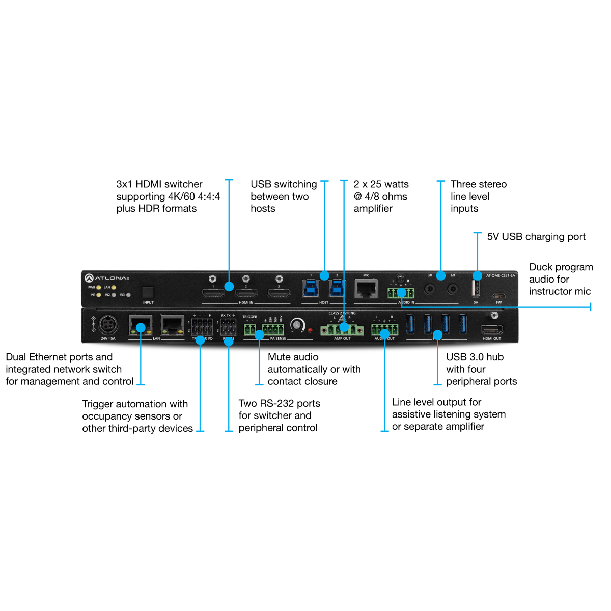 Atlona AT-OME-CS31-SA Switcher-AMP, USB-Hub, 3x1