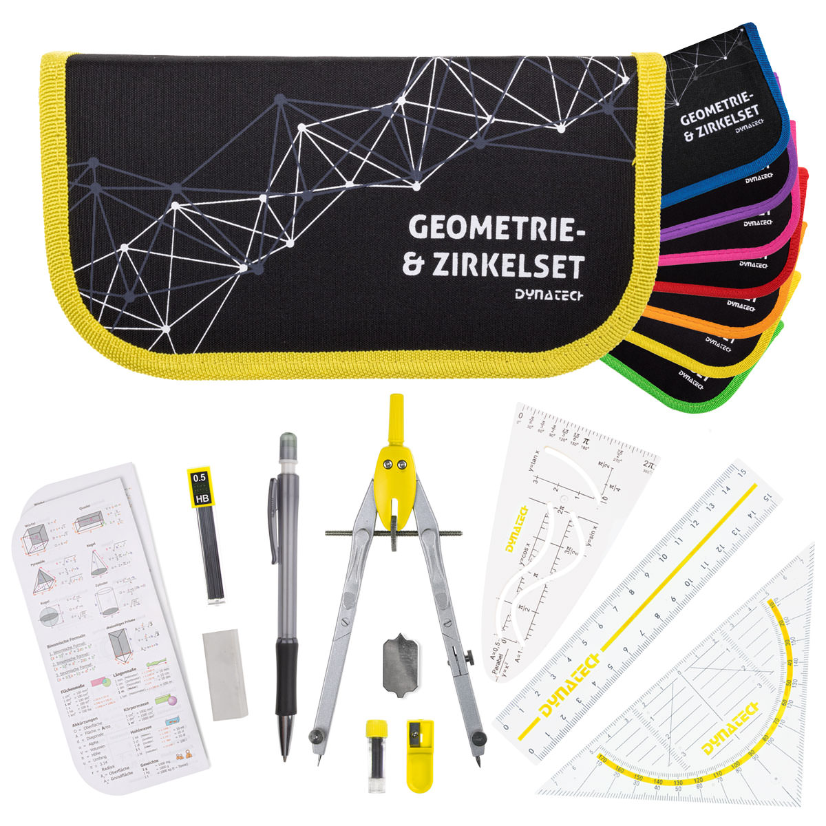 DynaTech Geometrie- und Zirkelset (13-teilig) Etui mit Reißverschluss in gelb