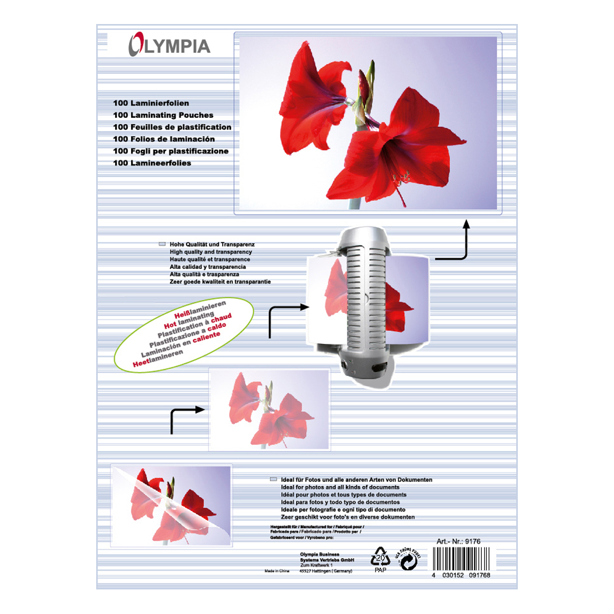 Olympia 9176 Laminierfolien DIN A4, 125µ, 100er Pack hochtransparent, hohe Qualität