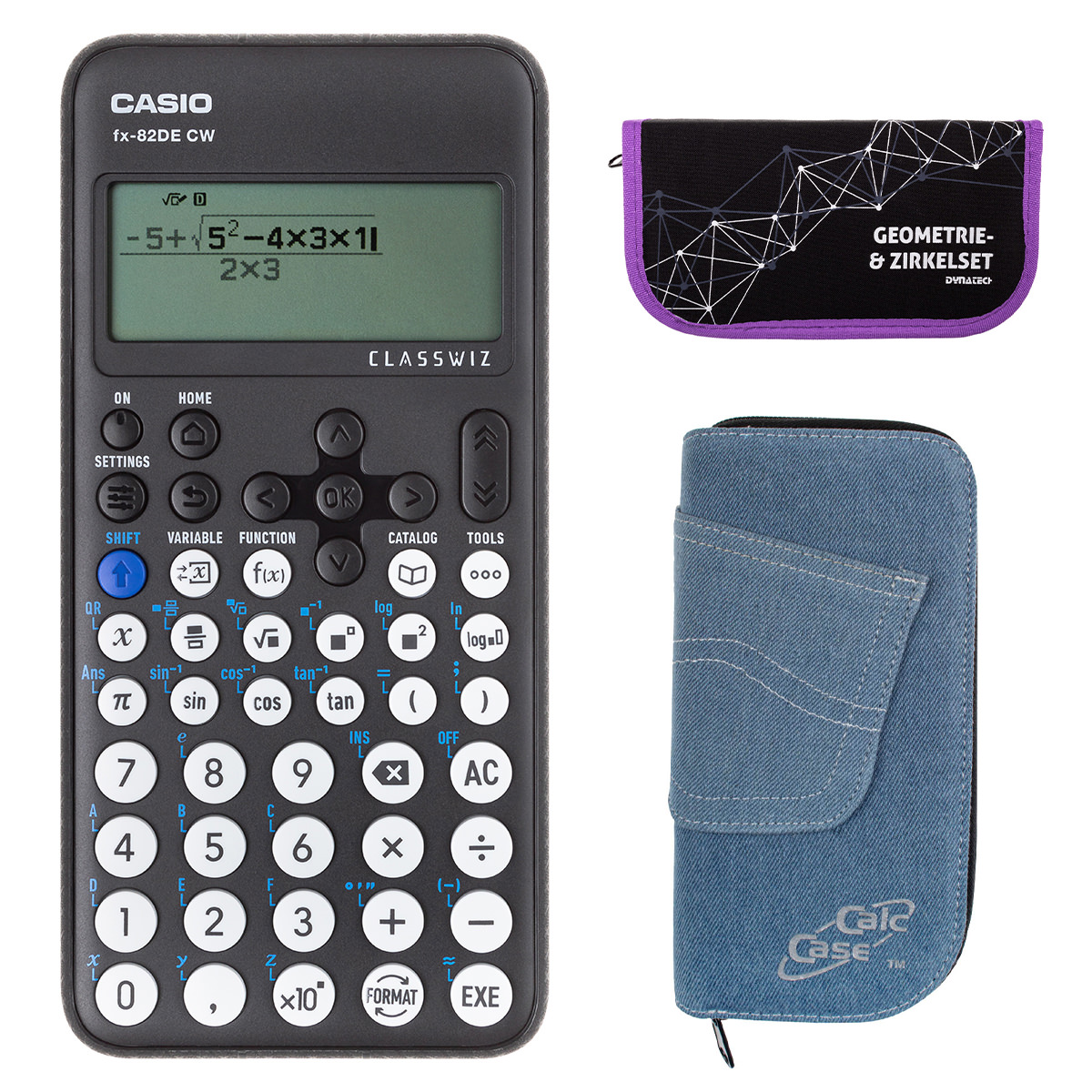 Casio FX-82 DE CW mit Jeans-Tasche hellblau, und Zirkelset lila