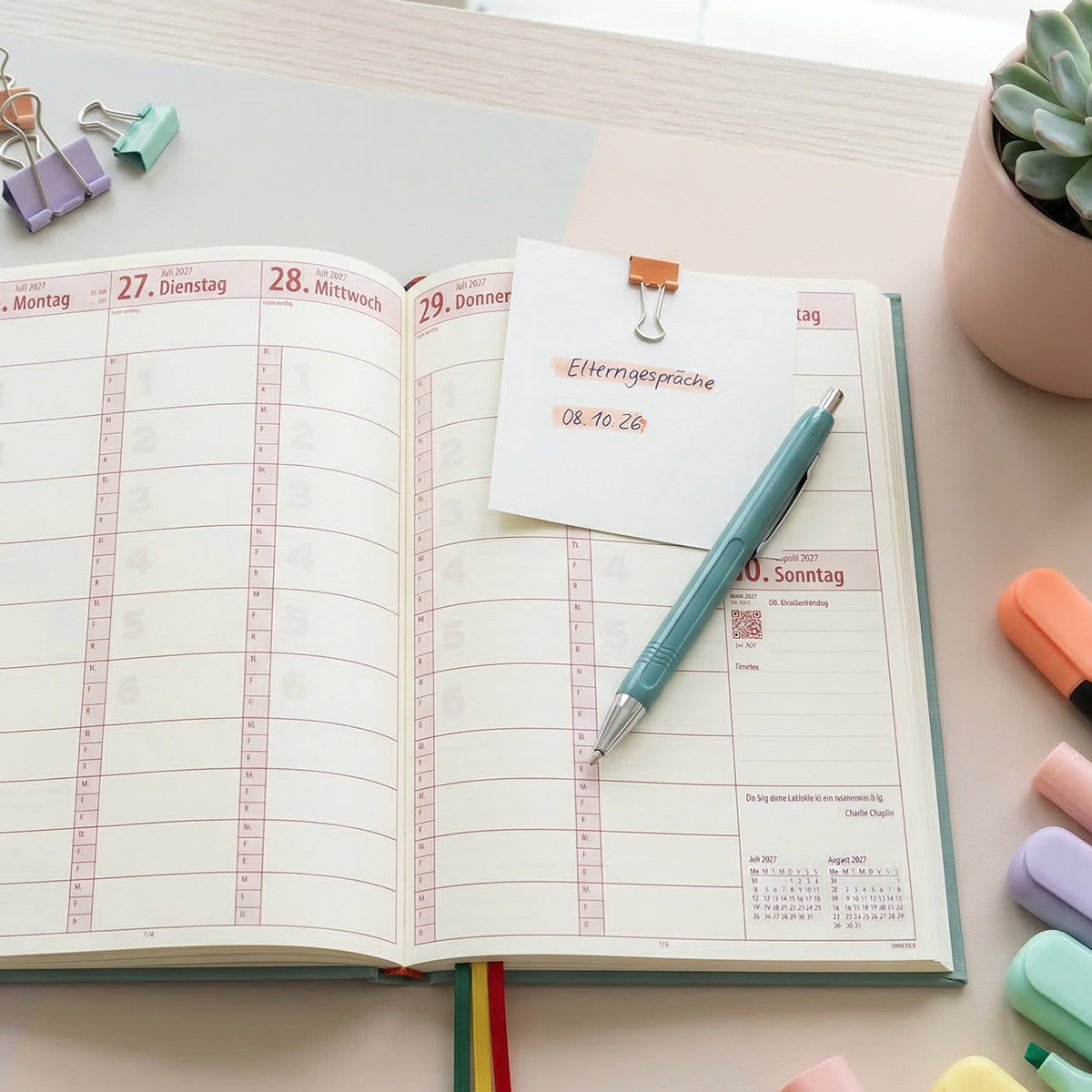 Lehrerkalender A5+ 2026/2027 mit Kugelschreiber aqua - Stift & Strich 