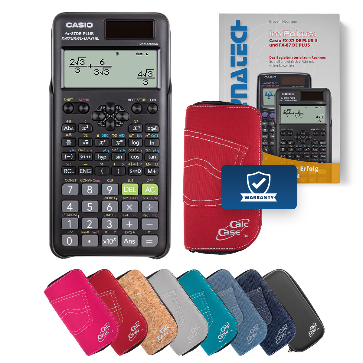 Casio FX-87 DE Plus II Schulrechner mit Schutztasche rot und Fachbuch 