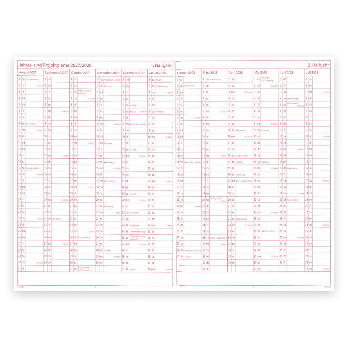 DynaTech × TimeTEX System-Schulplaner A4-Plus 2026/2027 mit 4 Lesebänder, Hardcover und Einstecktasche