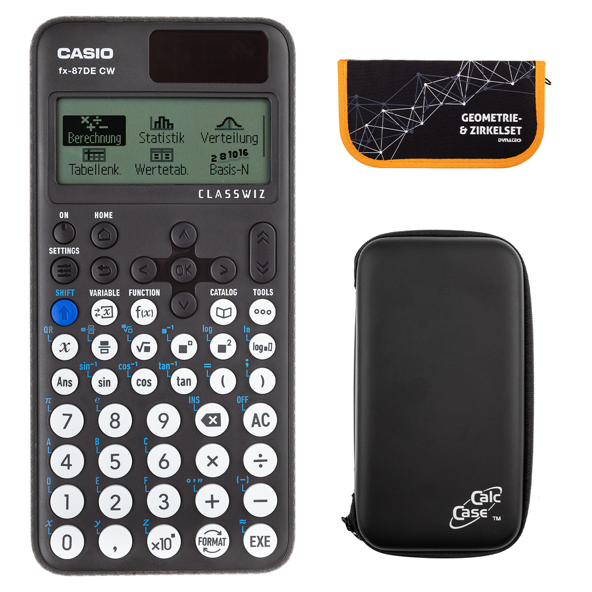 Casio FX-87 DE CW mit CalcCase-Schutztasche und Zirkelset orange