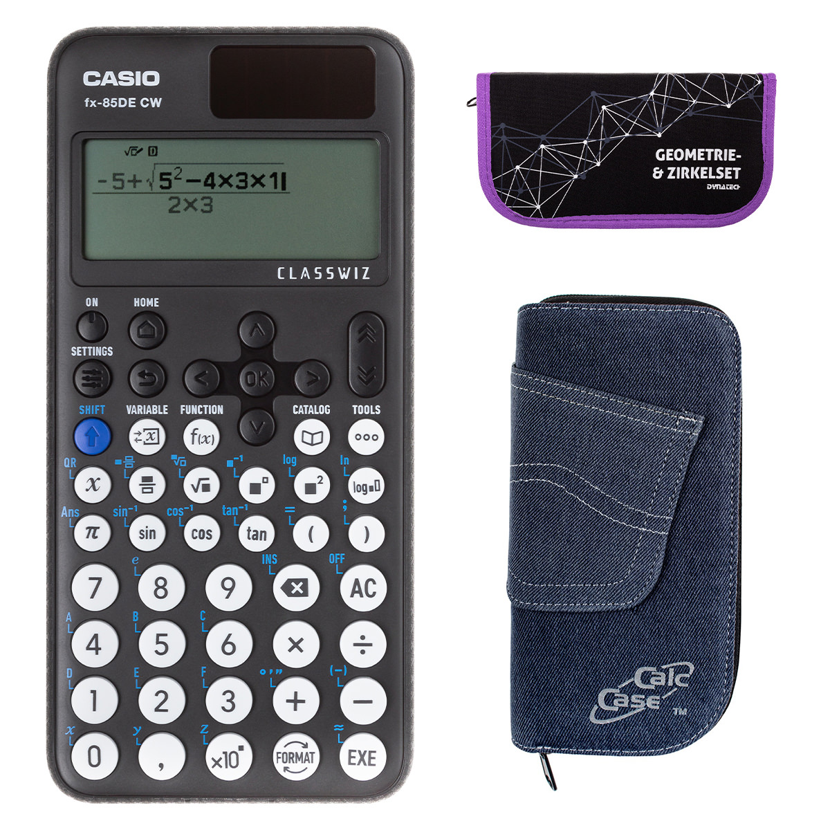 Casio FX-85 DE CW mit Jeans-Tasche dunkelblau und Zirkelset lila