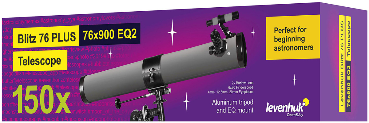 Levenhuk Blitz 76 PLUS Telescope 152x, Reflektor mit 900mm Brennweite, f/9, äquatorial, Öffnung 76mm
