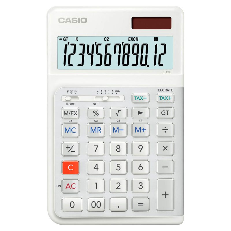 Casio JE-12E WE Tischrechner mit ergonomischen Stufentasten für Rechtshänder langlebige + leise Tasten, Front aus Metall