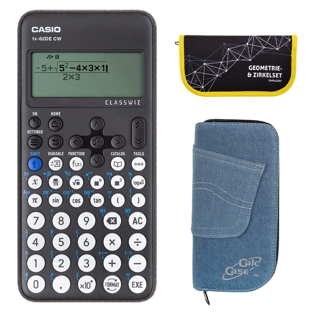 Casio FX-82 DE CW mit Jeans-Tasche hellblau, und Zirkelset gelb