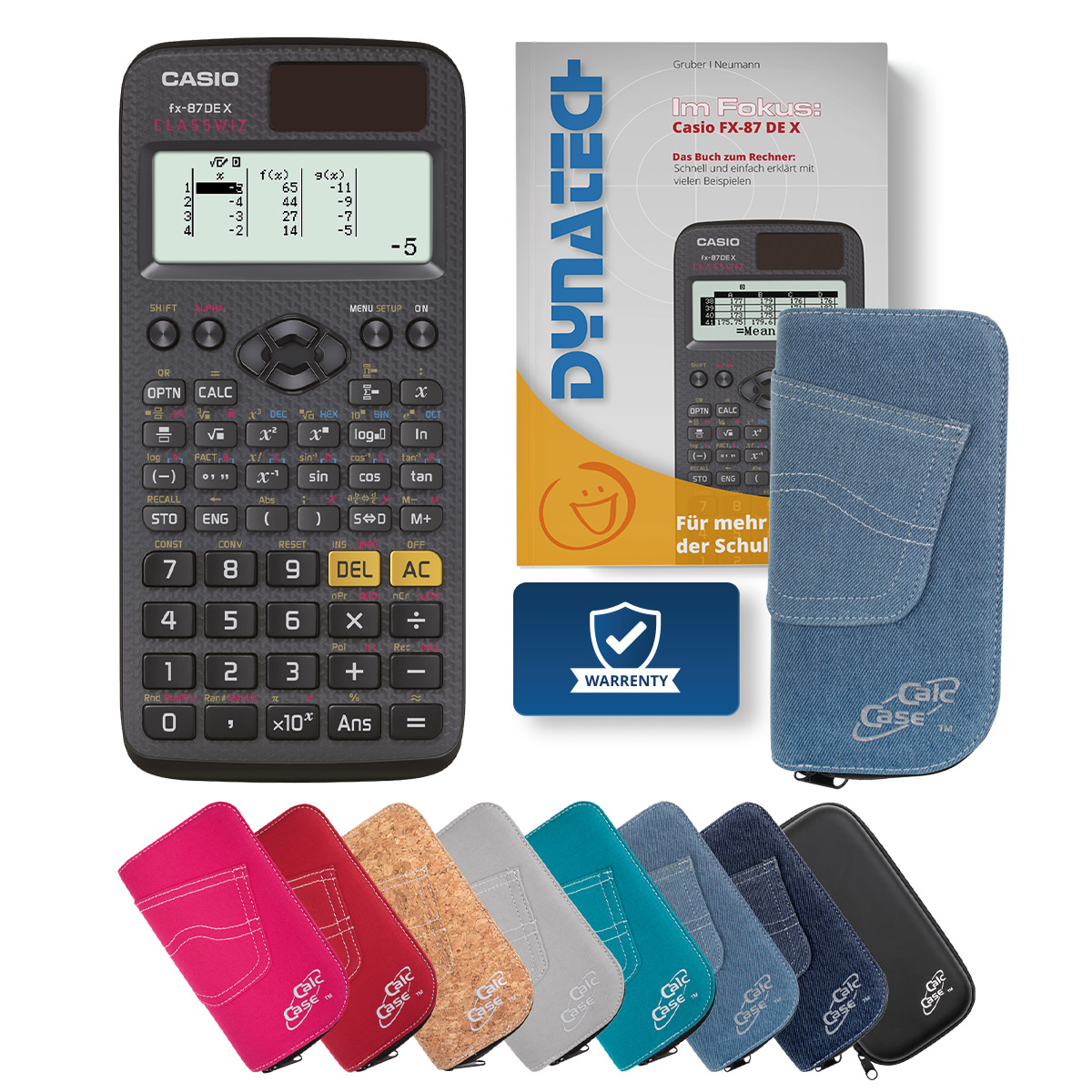 Casio FX-87 DE X Schulrechner, Schutztasche hellblau & Fachbuch 